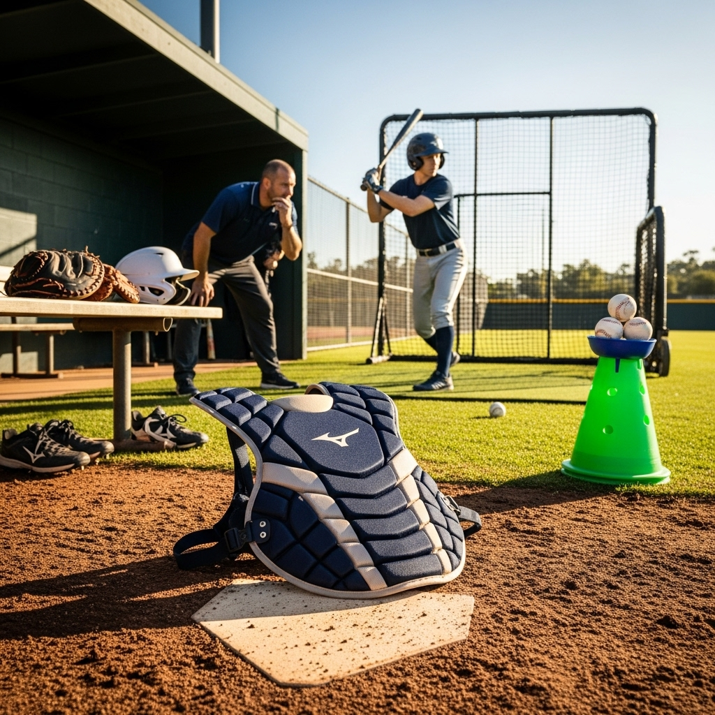 Generate an eye-catching, high-quality featured image for a blog post about: Mizuno Catchers Chest P